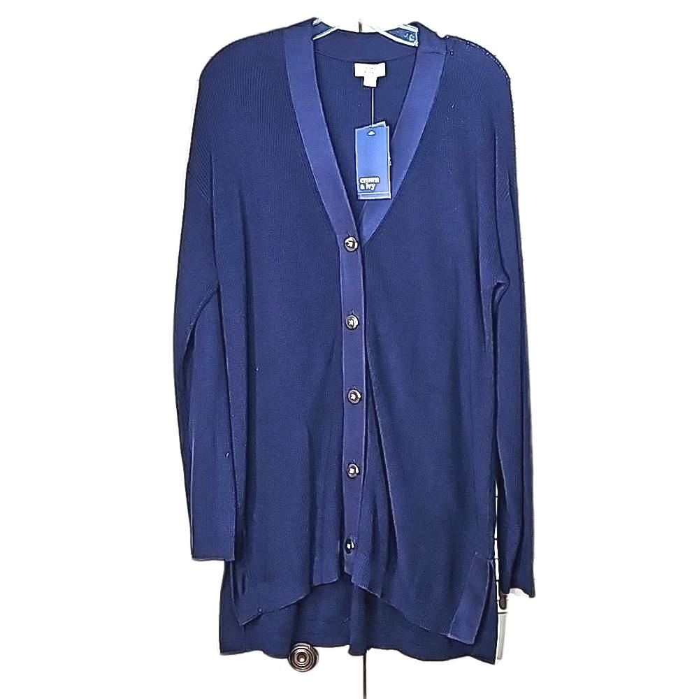 NWT Cardigan by Crown & Ivy Navy Blue Goldtone Button Front Size L